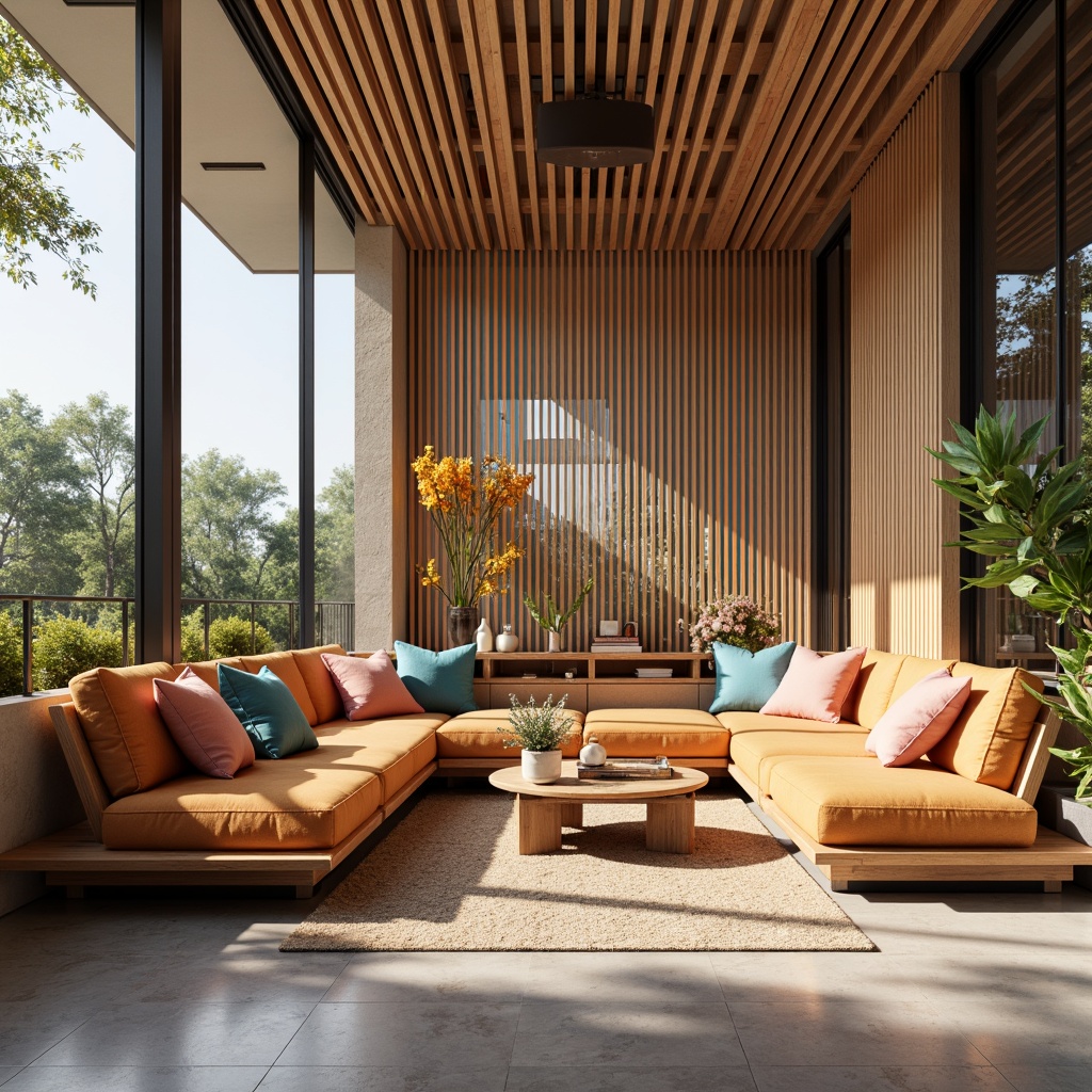 Prompt: Vibrant modern interior, luxurious furniture, rich wood tones, metallic accents, soft pastel hues, bold contrasting colors, natural stone textures, sleek minimalistic decor, abundant natural light, warm cozy ambiance, shallow depth of field, 1/1 composition, realistic renderings, ambient occlusion.