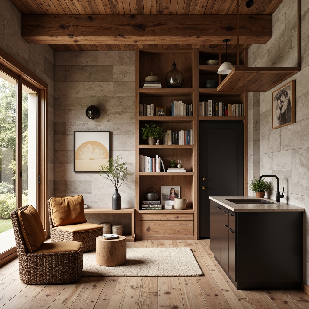 Prompt: Rustic wooden floors, reclaimed wood accents, natural stone walls, earthy terracotta tiles, woven wicker furniture, plush velvet upholstery, metallic chrome fixtures, matte black countertops, warm beige carpets, minimalist Scandinavian decor, cozy reading nook, soft ambient lighting, 1/1 composition, realistic material textures, subtle color palette.