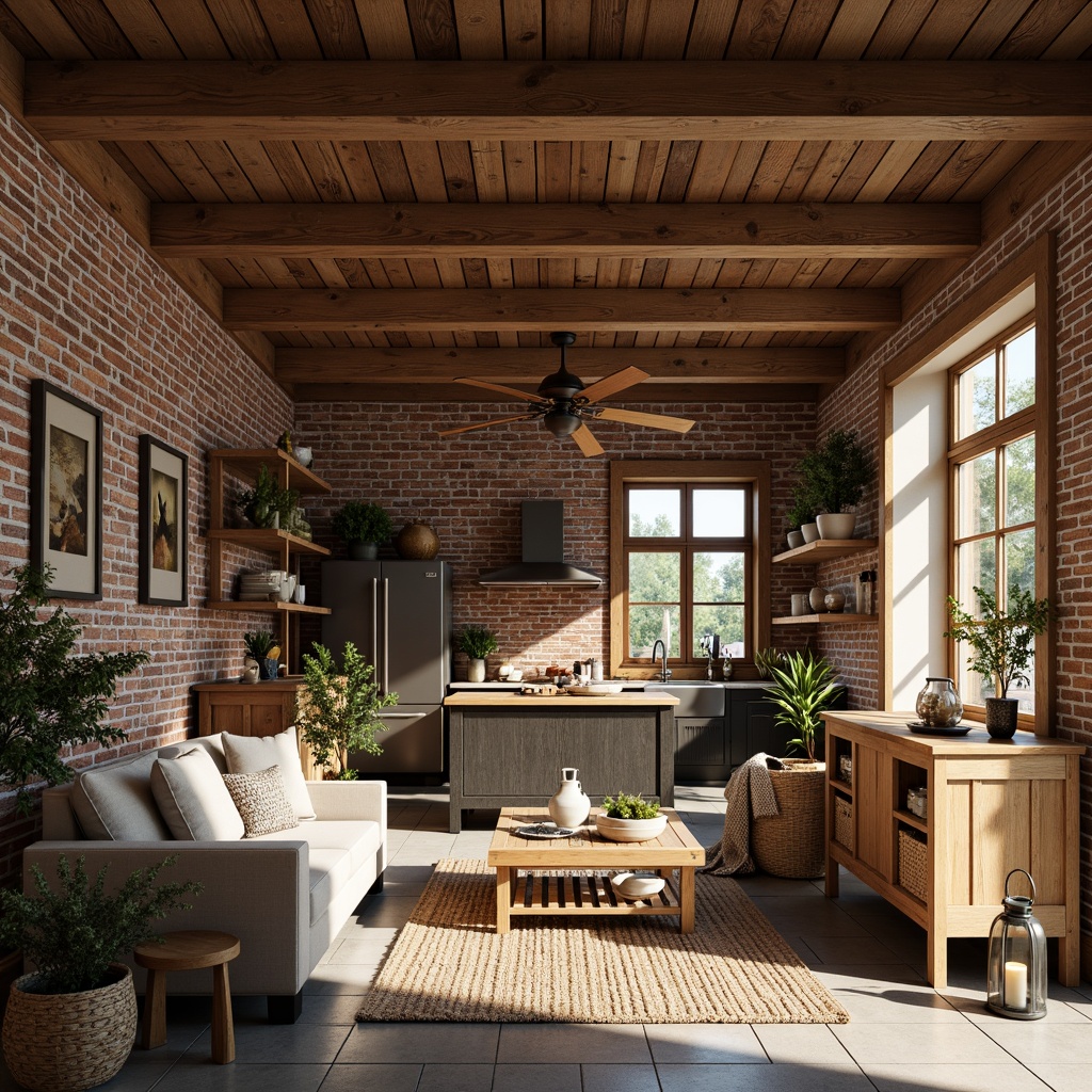 Prompt: Rustic farmhouse interior, vintage wooden beams, distressed brick walls, natural stone flooring, plush area rugs, cozy throw blankets, antique furniture pieces, metal lanterns, earthy color palette, warm soft lighting, shallow depth of field, 1/1 composition, realistic textures, ambient occlusion, exposed ductwork, wooden ceiling fans, woven baskets, potted greenery, country-style kitchen appliances, farmhouse sink, butcher-block countertops, natural wood cabinets, woven textiles, vintage decorative items.