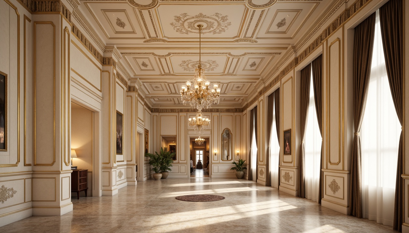 Prompt: Elegant interior walls, ornate moldings, intricate ceiling designs, soft warm beige tones, rich wood paneling, luxurious velvet drapes, gilded frames, refined marble accents, subtle sheen finishes, ornamental plasterwork, sophisticated wallpaper patterns, stately columns, dramatic archways, refined cove ceilings, luminous crystal chandeliers, majestic floor-to-ceiling windows, bright airy atmosphere, soft diffused lighting, shallow depth of field, 3/4 composition, realistic textures.