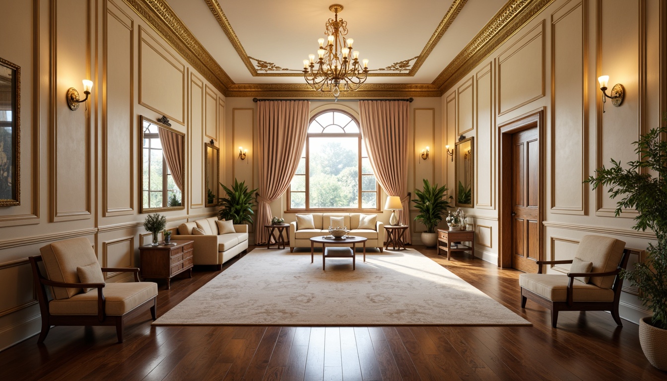 Prompt: Elegant home gym, ornate moldings, gold leaf accents, soft cream walls, rich wood flooring, opulent chandeliers, lavish furnishings, velvet drapes, baroque mirrors, intricate carvings, curved lines, feminine details, warm golden lighting, 3/4 composition, shallow depth of field, realistic textures, ambient occlusion.