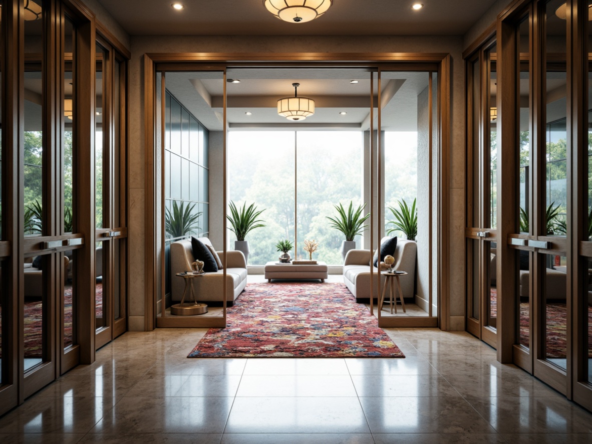 Prompt: Elegant entryway, grand glass doors, transparent walls, polished metal frames, sleek handles, modern minimalist design, bright natural light, reflective surfaces, ambient illumination, shallow depth of field, 3/4 composition, panoramic view, realistic textures, subtle shadows, luxury atmosphere, high-ceiling space, spacious interior, comfortable seating area, decorative plants, vibrant colorful rugs, intricate geometric patterns.