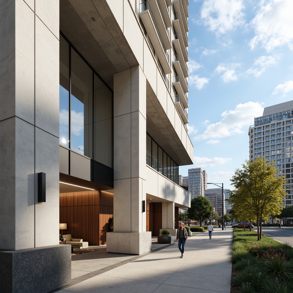 Prompt: Streamlined modern building facade, smooth white concrete walls, large glass windows, sleek metal accents, minimalist ornamentation, subtle texture contrasts, rough-hewn stone bases, polished chrome door handles, luxurious velvet upholstery, rich wood grain patterns, soft ambient lighting, shallow depth of field, 1/1 composition, realistic reflections, vibrant cityscape backdrop, cloudy blue sky, warm sunny day, atmospheric misting effects.