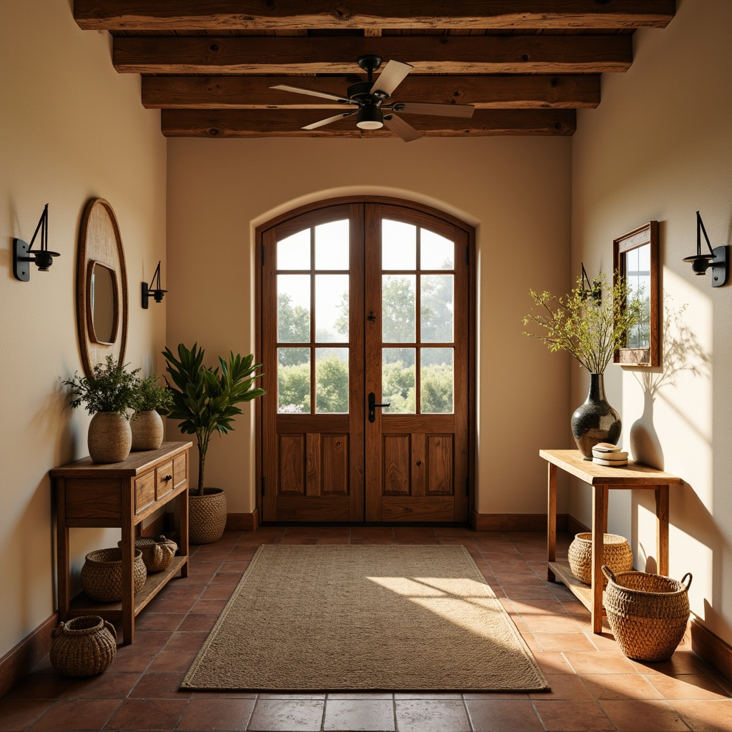 Prompt: Cozy farmhouse entryway, warm beige walls, rustic wooden doors, vintage metal hardware, earthy terracotta flooring, soft golden lighting, plush area rugs, natural woven baskets, distressed wood accents, elegant lanterns, traditional country furnishings, inviting console tables, decorative antique vases, lush greenery, soft warm color palette, 1/2 composition, shallow depth of field, realistic textures.