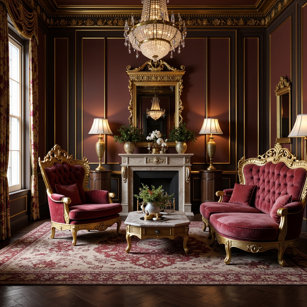 Prompt: Opulent throne-like armchairs, intricately carved wooden legs, gilded frames, velvet upholstery, ornate mirrors, crystal chandeliers, richly patterned rugs, lavish drapery, golden accents, antique vases, marble coffee tables, grandiose floor lamps, dramatic curtains, lavish wall treatments, intricate moldings, luxurious fabrics, Baroque-inspired patterns, warm ambient lighting, shallow depth of field, 1/2 composition, realistic textures, ambient occlusion.