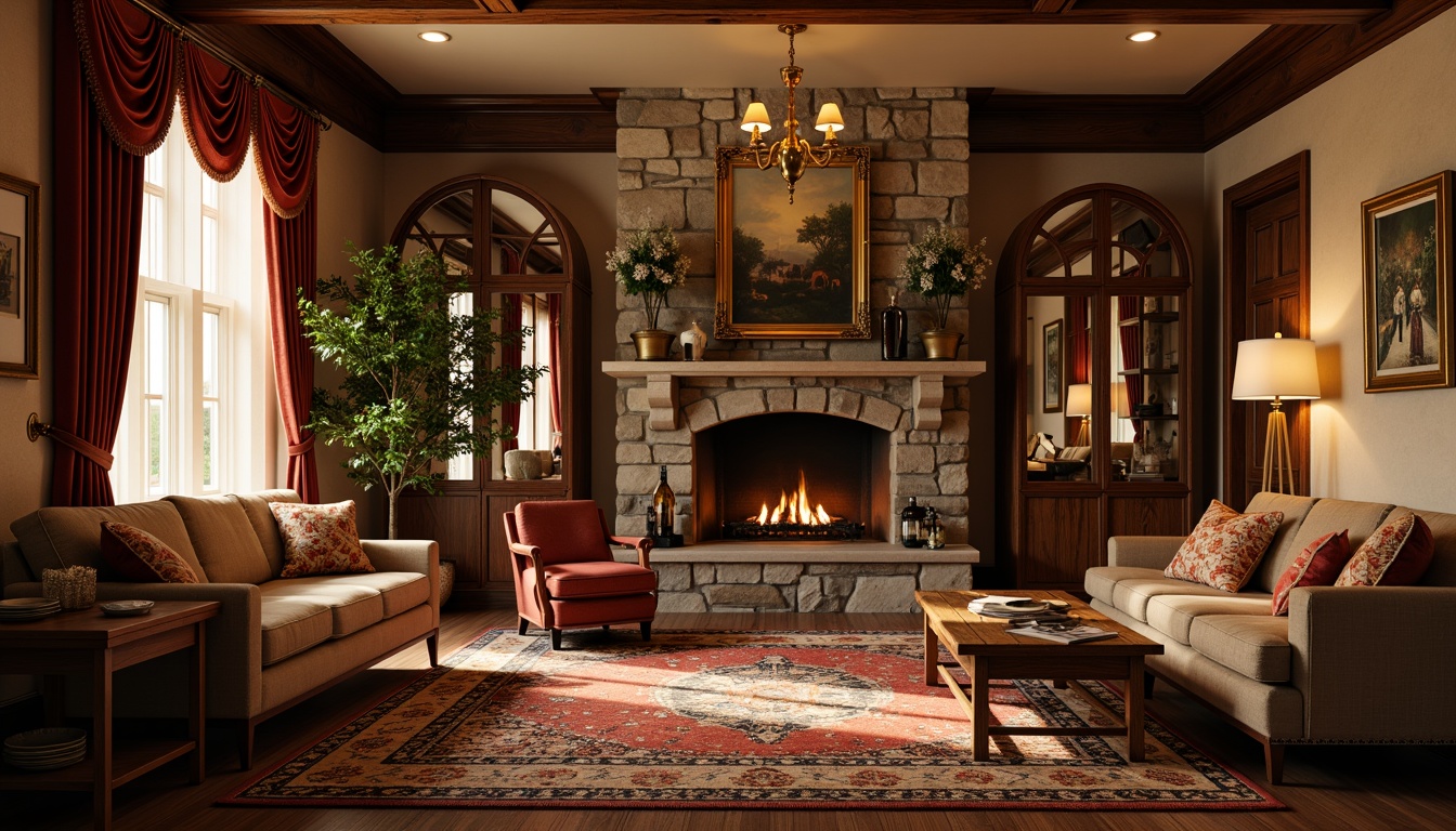 Prompt: Richly ornamented game room, warm beige walls, dark wood paneling, luxurious velvet drapes, plush area rug, comfortable sofas, vintage armchairs, wooden coffee table, intricately carved wooden cabinets, ornate mirrors, rustic stone fireplace, soft golden lighting, cozy atmosphere, realistic textures, ambient occlusion, 3/4 composition, shallow depth of field.