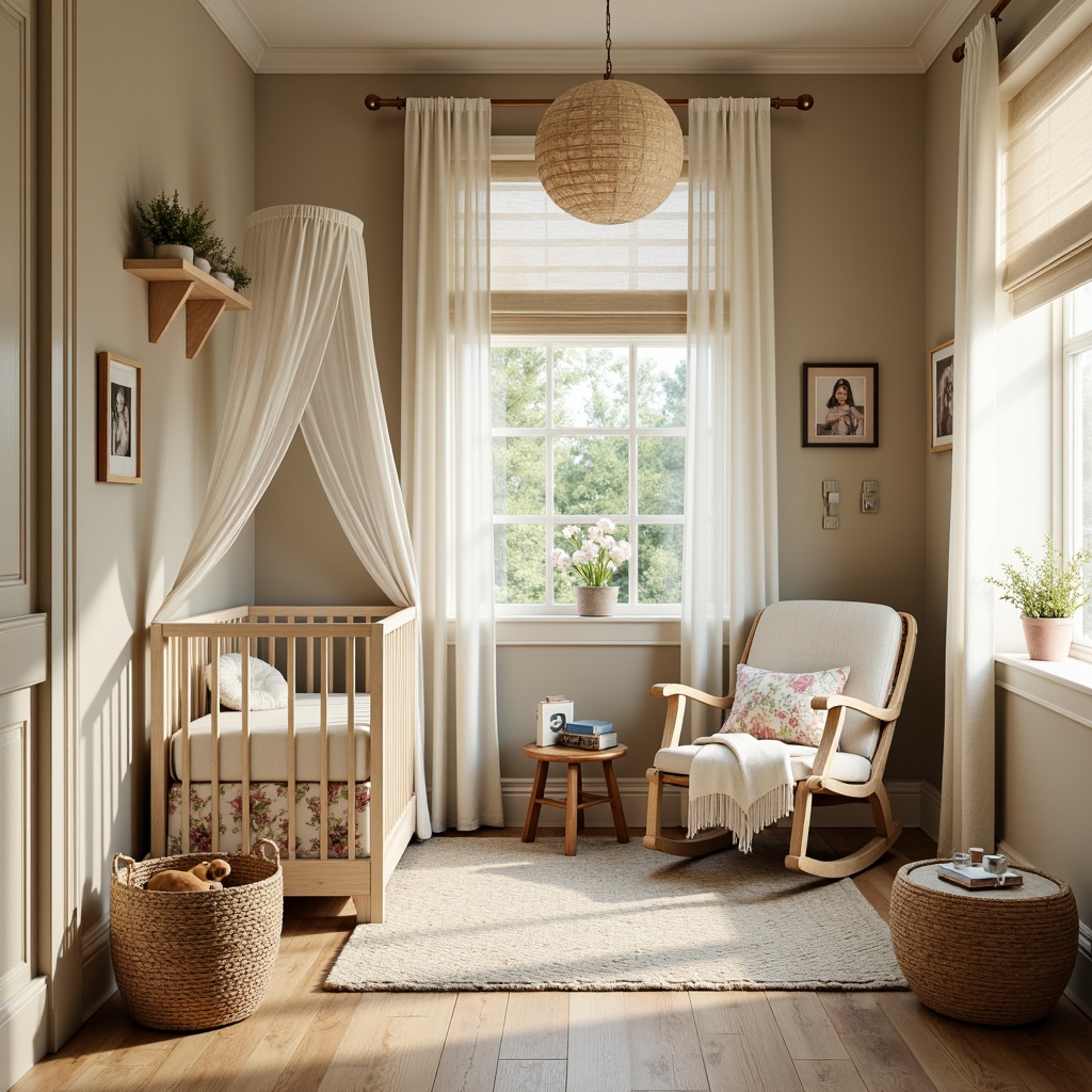 Prompt: Whimsical baby room, vernacular style, soft pastel colors, distressed wood accents, natural textiles, woven baskets, plush toys, crib with canopy, ruffled curtains, floral patterns, gentle lighting, warm beige walls, creamy white trim, rustic wooden shelves, vintage-inspired decor, cozy reading nook, comfortable glider chair, soothing atmosphere, shallow depth of field, 1/1 composition, soft focus effect, realistic textures.