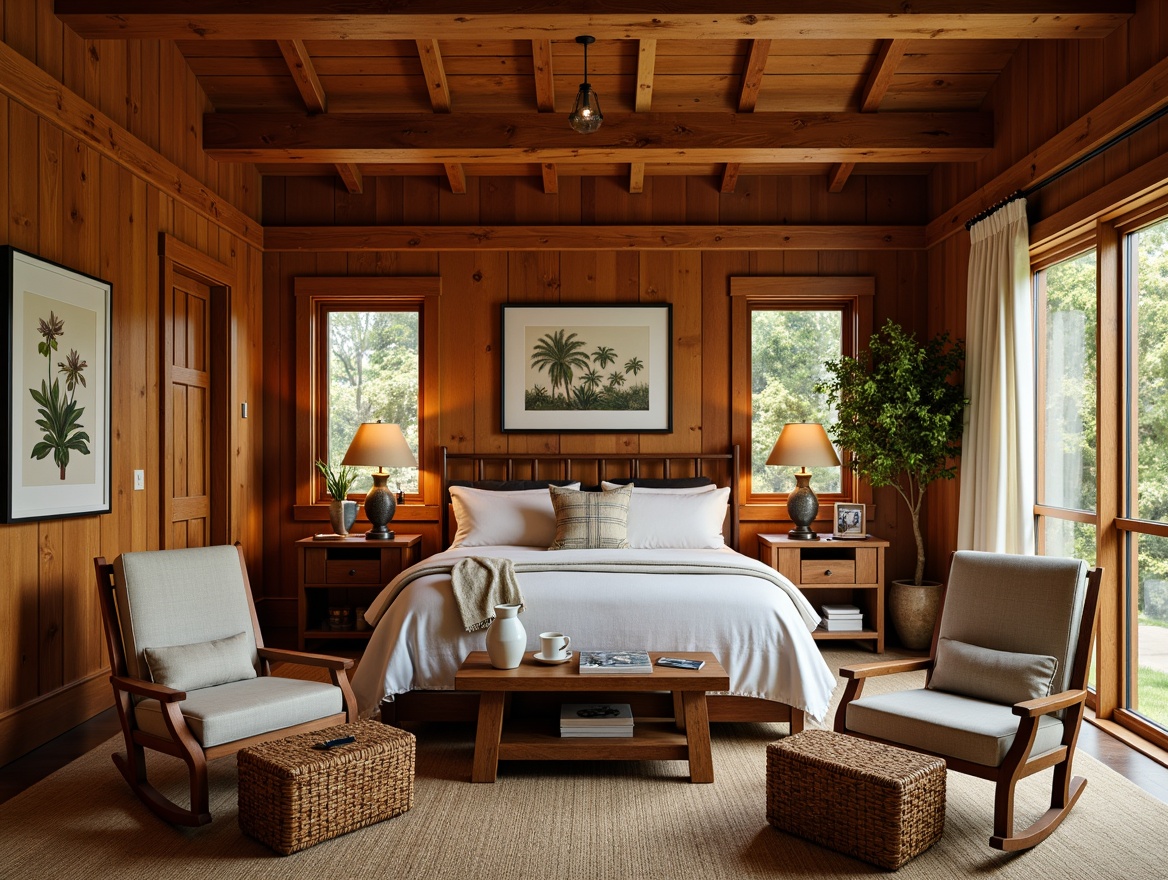 Prompt: Cozy Craftsman bedroom, wooden furniture, rustic oak wood tones, comfortable plush armchairs, woven baskets, natural fiber rugs, earthy color palette, warm ambient lighting, soft linen bedding, vintage metal lamps, distressed leather ottomans, classic wooden rocking chairs, handmade ceramic vases, botanical prints, nature-inspired artwork, tranquil atmosphere, shallow depth of field, 1/1 composition, realistic textures, subtle shadowing.