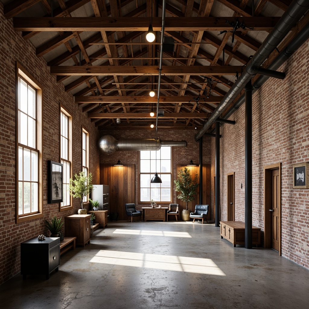 Prompt: Rustic industrial interior, exposed wooden beams, distressed brick walls, metal pipes, reclaimed wood accents, urban loft atmosphere, natural light pouring, high ceilings, minimal decor, functional simplicity, warm earthy tones, concrete floors, steel columns, vintage machinery, Edison bulb lighting, open floor plan, 3/4 composition, shallow depth of field, soft warm lighting.