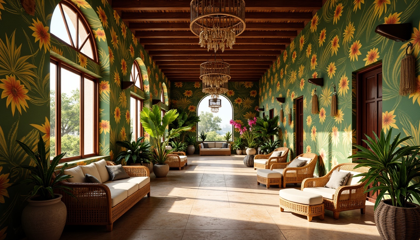 Prompt: Tropical style hall, vibrant floral patterns, lush greenery, exotic plants, rattan furniture, natural wood accents, woven textiles, colorful tassels, bold geometric shapes, intricate carvings, warm golden lighting, soft diffused shadows, shallow depth of field, 1/2 composition, realistic rendering, ambient occlusion.