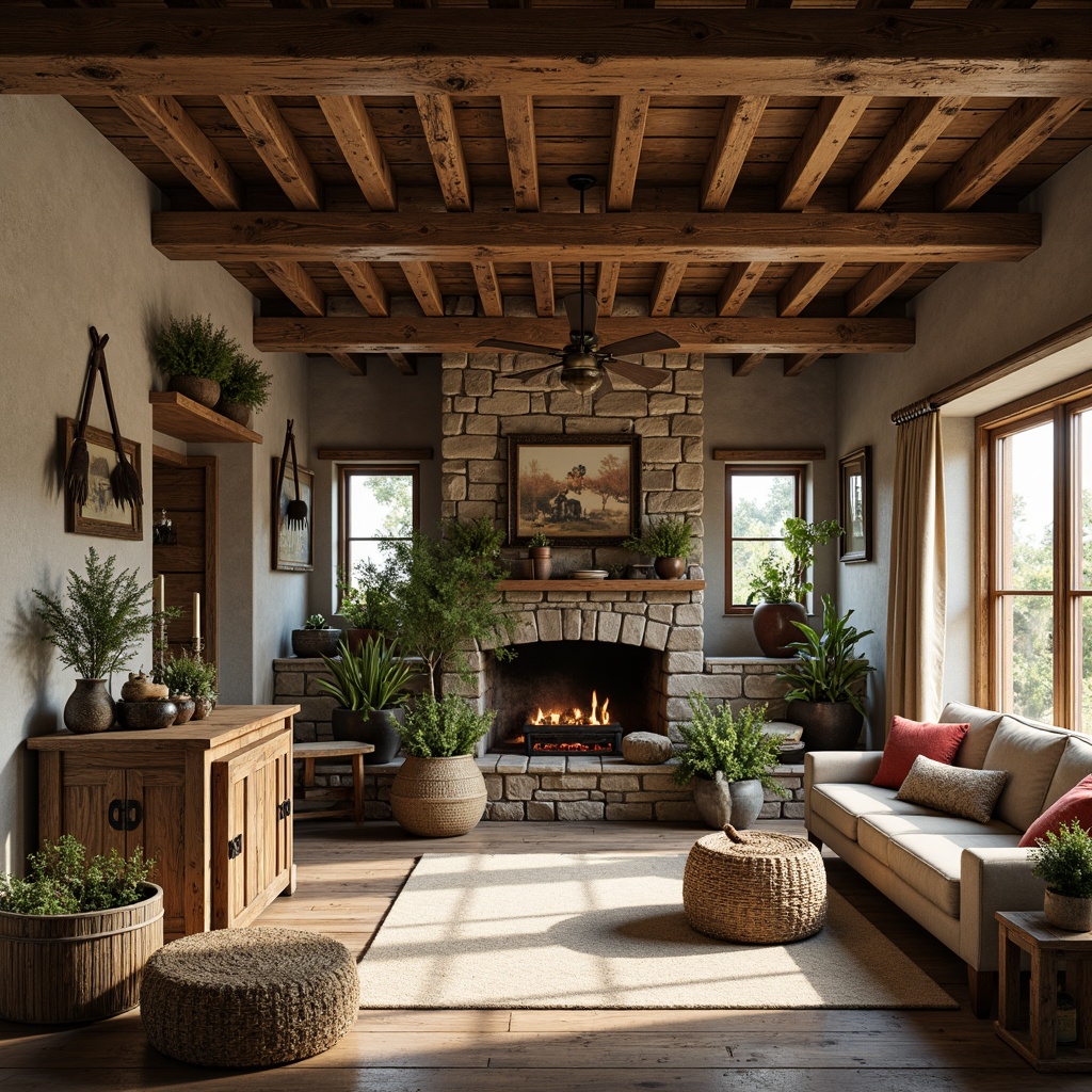 Prompt: Rustic farmhouse interior, natural materials, reclaimed wood accents, stone walls, earthy color palette, vintage farm tools, potted greenery, woven baskets, distressed metal decor, wooden beams, exposed brick, cozy textiles, plush furnishings, warm lighting, soft shadows, shallow depth of field, 1/1 composition, realistic textures, ambient occlusion.