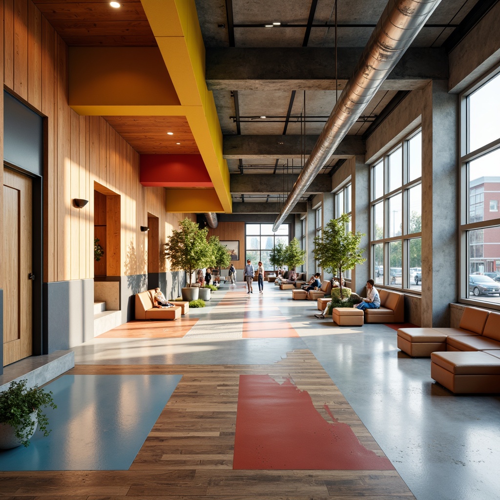 Prompt: Polished concrete floors, sleek wooden planks, modern university setting, vibrant colors, abstract patterns, geometric shapes, minimalist aesthetic, industrial-chic vibe, exposed ductwork, high ceilings, large windows, natural light, soft warm ambiance, 1/1 composition, shallow depth of field, realistic textures, ambient occlusion.