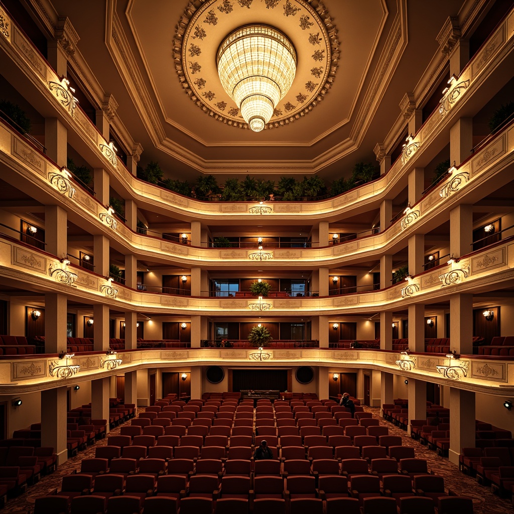 Prompt: Elegant amphitheater interior, tiered seating, ornate balconies, grand chandeliers, warm golden lighting, soft spotlights, LED strip lights, color-changing ceiling lights, dimmable floor lamps, sculptural light fixtures, luxurious textiles, rich wood accents, polished metal details, sophisticated color palette, high ceilings, dramatic archways, subtle shadows, 1/1 composition, symmetrical framing, low-key lighting, realistic reflections, ambient occlusion.