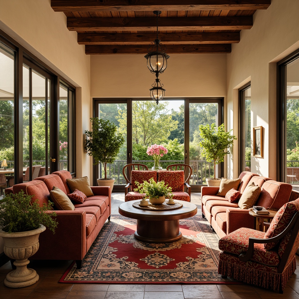 Prompt: Vibrant sunroom, Renaissance-inspired decor, warm natural light, comfortable plush sofas, elegant wooden armchairs, ornate coffee tables, luxurious velvet pillows, richly patterned rugs, classic stone vases, lush greenery, blooming flowers, rustic wooden ceiling beams, cream-colored walls, large windows, sliding glass doors, soft warm lighting, cozy reading nooks, antique bronze fixtures, intricate carvings, refined upholstery fabrics, ornate metalwork details.