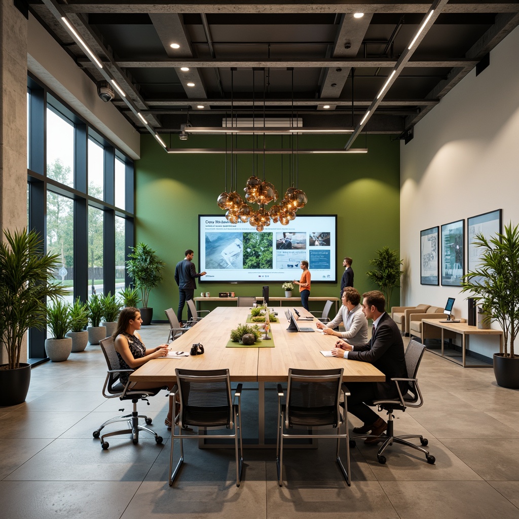 Prompt: Modern collaborative workspace, open floor plan, minimalist decor, sleek wooden tables, ergonomic chairs, large whiteboards, interactive digital screens, cozy breakout rooms, vibrant green walls, natural stone flooring, abundant natural light, warm soft lighting, shallow depth of field, 3/4 composition, panoramic view, realistic textures, ambient occlusion.