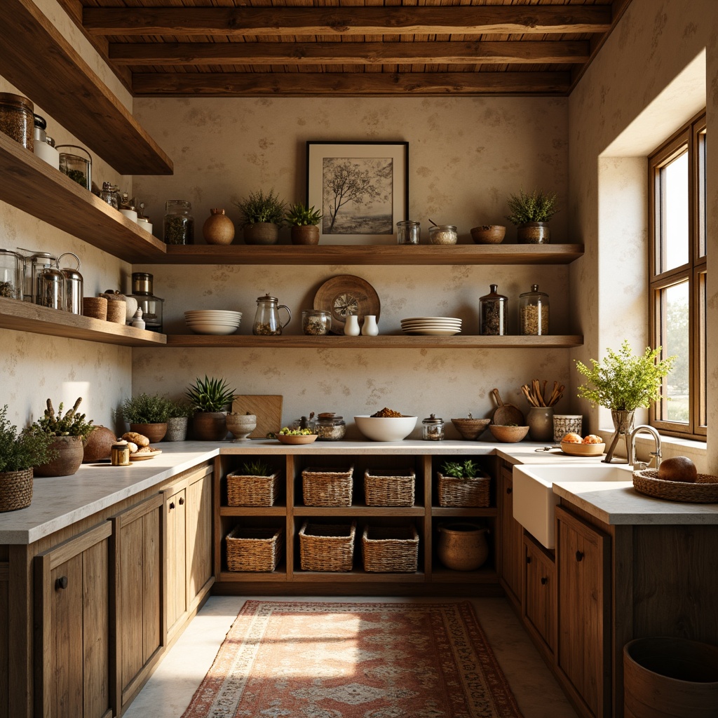 Prompt: Cozy pantry, warm beige walls, rustic wooden shelves, earthy brown tones, soft cream accents, vintage metal signs, distressed finishes, natural stone countertops, woven baskets, aromatic spices, warm golden lighting, shallow depth of field, 1/1 composition, realistic textures, ambient occlusion.