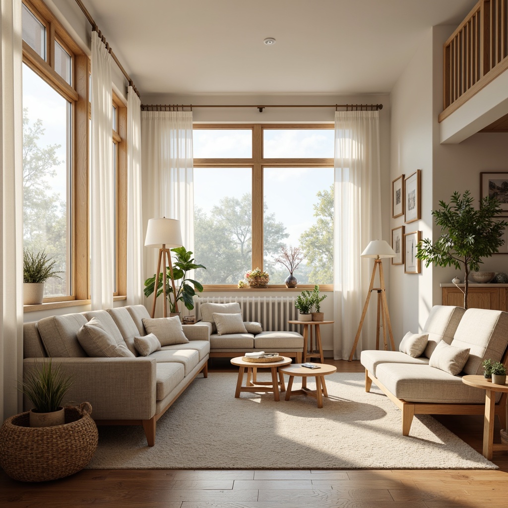 Prompt: Cozy living room, light wood accents, minimalist decor, large windows, soft diffused lighting, sheer white curtains, Nordic-inspired furniture, natural textiles, woven baskets, potted plants, gentle morning sunbeams, warm beige tones, calm atmosphere, 1/1 composition, shallow depth of field, realistic textures.