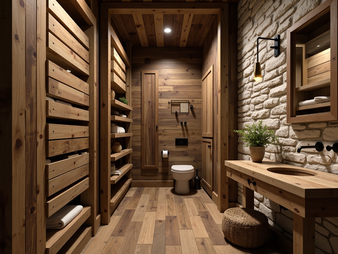 Prompt: Rustic powder room, reclaimed wood accents, distressed wooden planks, exposed stone walls, rough-hewn beams, earthy color palette, natural textures, woven baskets, vintage metal fixtures, antique hardware, soft warm lighting, shallow depth of field, 3/4 composition, realistic wood grains, ambient occlusion.