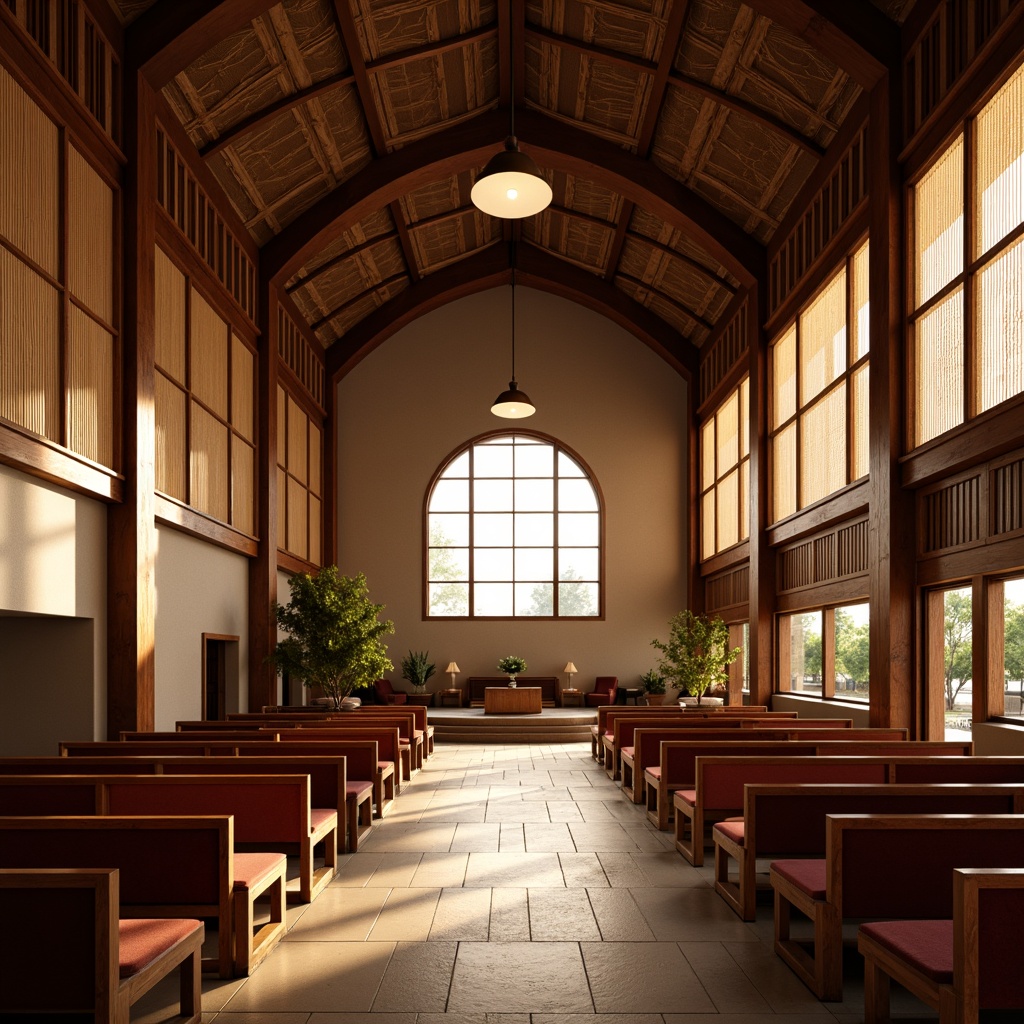 Prompt: Traditional Asian-style church interior, ornate wooden accents, intricately carved panels, warm golden lighting, soft velvet pews, acoustic soundproofing panels, woven bamboo textures, natural fiber materials, subtle Japanese-inspired patterns, minimalist decor, calming ambiance, serene atmosphere, gentle morning light, shallow depth of field, 1/2 composition, realistic wood grain details, ambient occlusion.