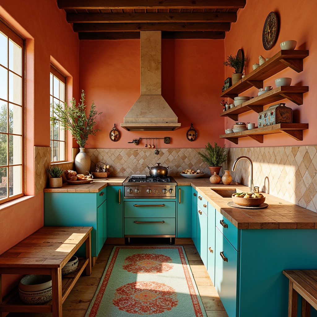 Prompt: Vibrant turquoise accents, warm terracotta countertops, earthy sienna walls, rustic wooden cabinets, distressed metal hardware, natural stone backsplashes, desert-inspired ceramics, bold red and orange hues, soft creamy whites, woven textiles, geometric patterns, warm golden lighting, cozy breakfast nooks, open shelving, pendant lanterns, Southwestern-style tilework, aged wood flooring, eclectic decorative accents.