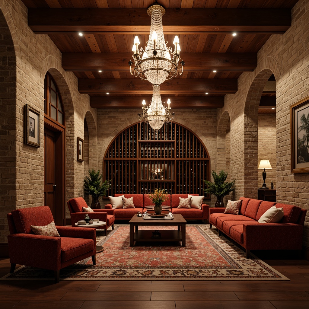 Prompt: Elegant wine cellar, rich wood tones, sophisticated furniture pieces, plush velvet sofas, ornate wooden tables, crystal chandeliers, dimmable warm lighting, rustic stone walls, wooden barrel heads, metal wine racks, climate-controlled environment, humidifier systems, soft background music, intimate seating areas, luxurious fabrics, antique decorative items, refined color palette, 1/1 composition, shallow depth of field, realistic textures.