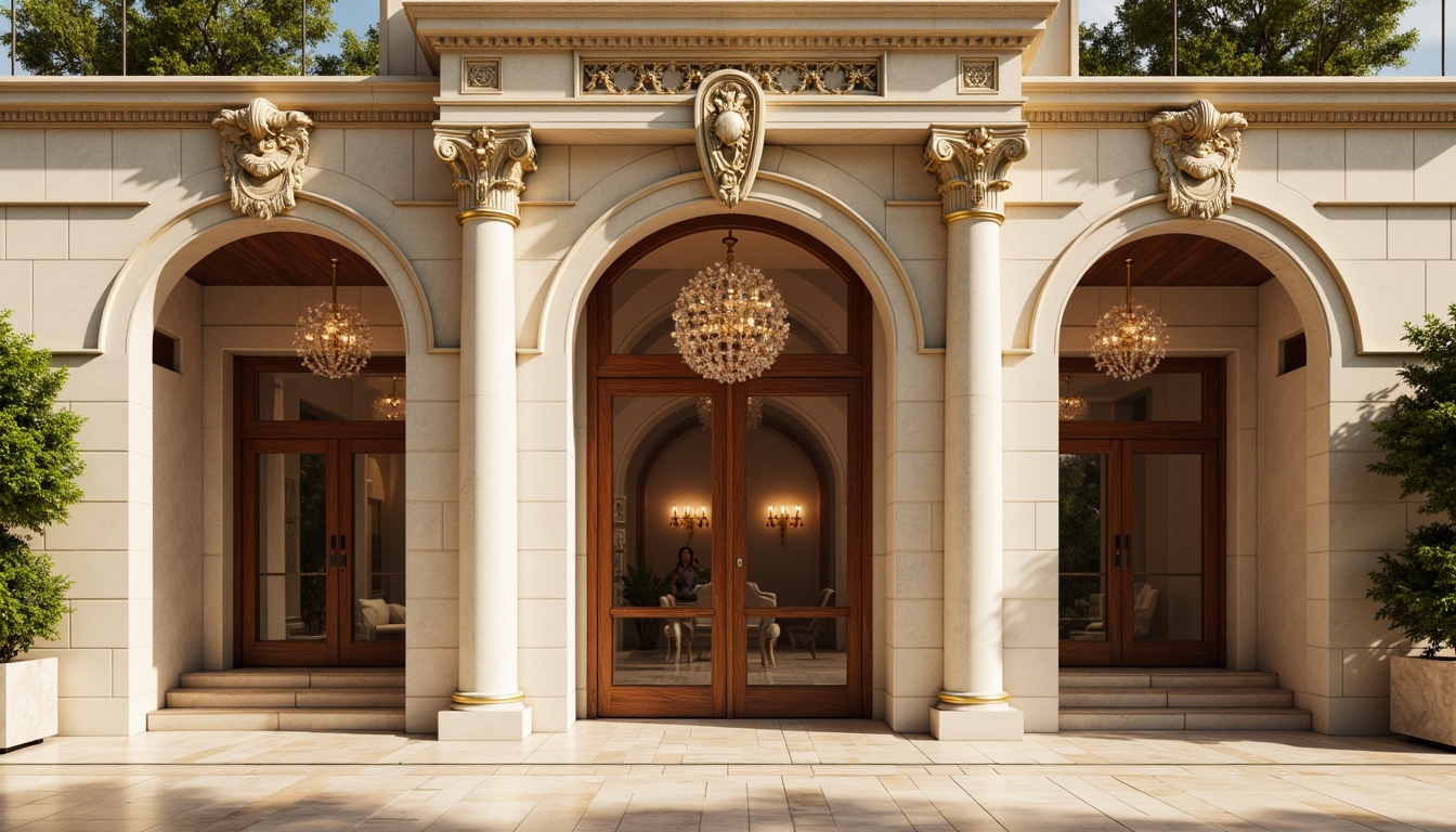 Prompt: Elegant neoclassical building facade, ornate Corinthian columns, intricate carvings, subtle gold accents, cream-colored stone walls, majestic grand entrance, symmetrical composition, balanced proportions, warm beige marble floors, rich walnut wood paneling, crystal chandeliers, soft warm lighting, shallow depth of field, 1/2 composition, realistic textures, ambient occlusion.