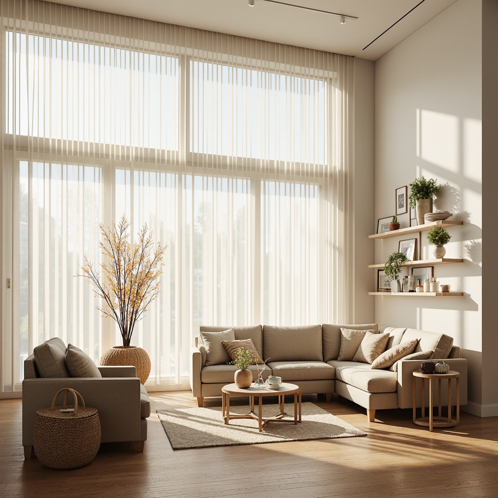 Prompt: Minimalist living room, light-filled space, floor-to-ceiling windows, sheer white curtains, wooden floors, pale wood tones, Nordic-inspired furniture, cozy textiles, woven baskets, natural materials, earthy color palette, soft warm lighting, diffused shadows, 1/1 composition, shallow depth of field, realistic textures, ambient occlusion, morning sunlight, gentle glow, airy atmosphere.