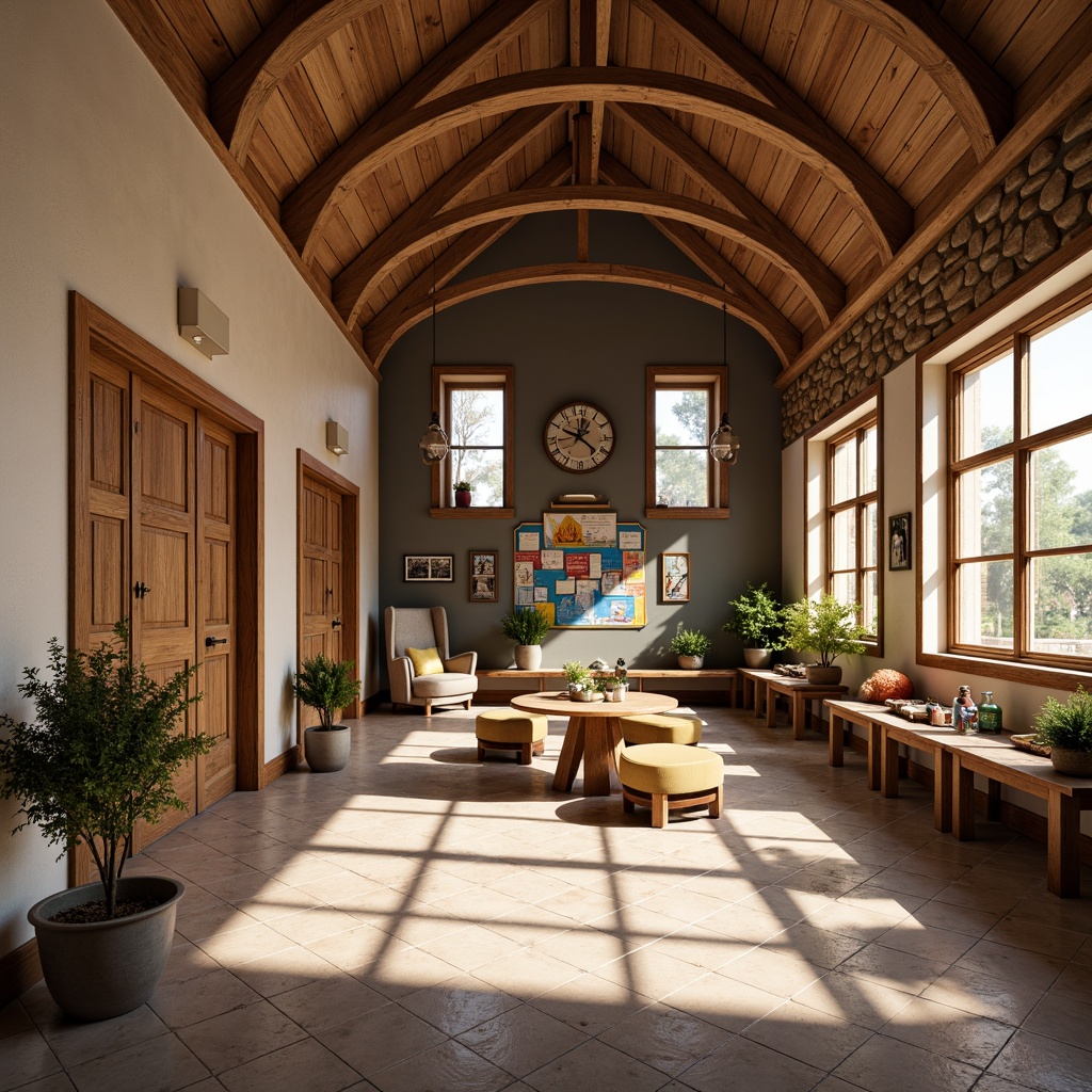 Prompt: Rustic wooden accents, earthy color palette, cozy reading nooks, natural stone walls, wooden roof trusses, exposed beams, wooden shutters, dormer windows, overhanging eaves, craftsman-style trim, wooden doors, ceramic tile flooring, warm soft lighting, shallow depth of field, 3/4 composition, panoramic view, realistic textures, ambient occlusion, elementary school setting, educational murals, colorful student artwork, playful classroom decorations.