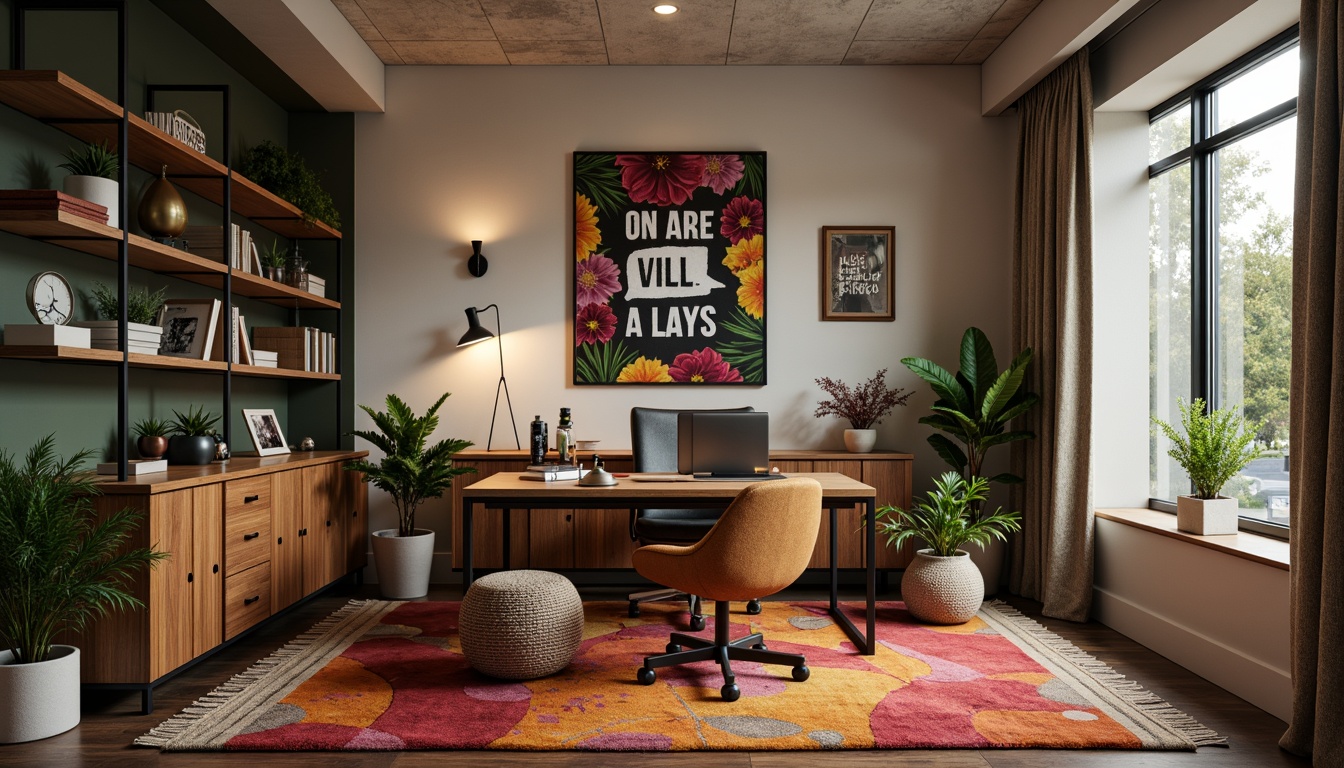 Prompt: Cozy home office, wooden desk, ergonomic chair, vibrant textile upholstery, colorful woven rug, natural fiber curtains, warm ambient lighting, sleek metal shelving, modern minimalist decor, inspirational quotes, motivational artwork, potted plants, fresh flowers, organic shapes, earthy tones, soft focus, shallow depth of field, 1/2 composition, intimate atmosphere, realistic textures.