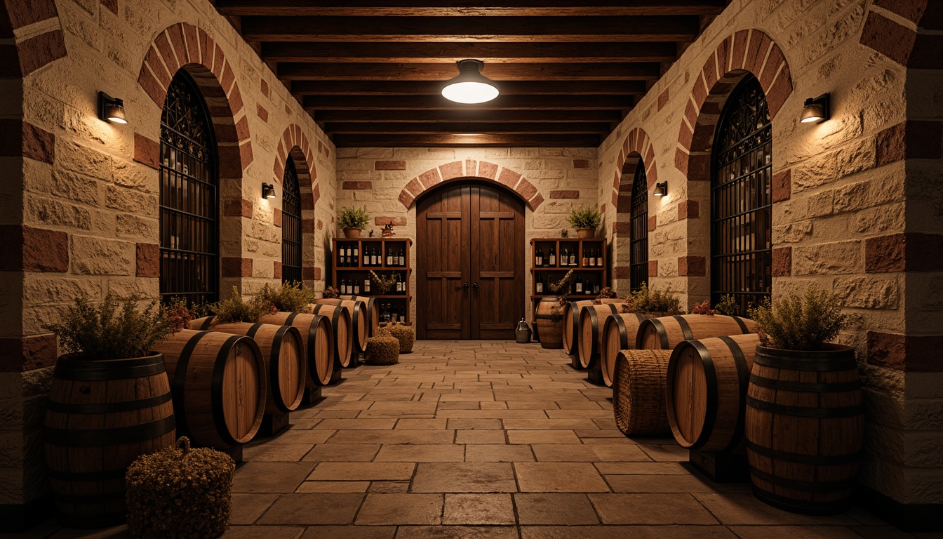 Prompt: Rustic wine cellar, stone walls, wooden barrels, dim warm lighting, earthy aroma, rich textures, natural materials, reclaimed wood accents, distressed finishes, vintage wine crates, wrought iron decorations, arched doorways, brick arches, subtle color palette, soft shadows, 1/1 composition, dramatic focal point, realistic renderings, ambient occlusion.