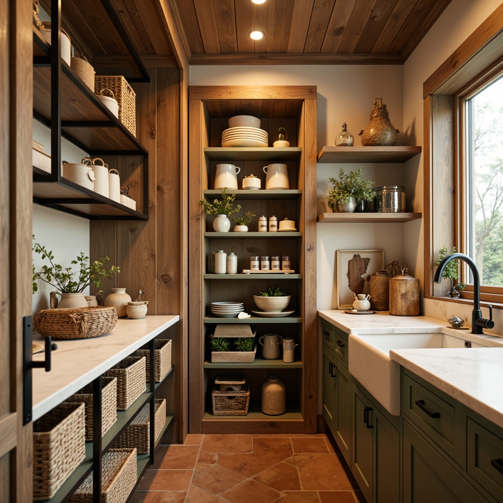 Prompt: Cozy pantry, warm beige walls, rich wood tones, soft golden lighting, earthy terracotta floors, vintage metal shelving, distressed wooden crates, rustic ceramic jars, woven wicker baskets, natural linen textiles, muted sage green accents, creamy white countertops, modern matte black hardware, soft focus, shallow depth of field, 1/1 composition, warm inviting atmosphere.