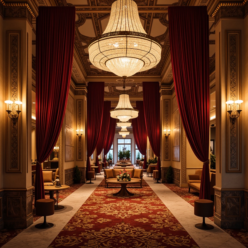 Prompt: Richly ornate casino interior, opulent chandeliers, velvet drapes, lavish furnishings, intricately patterned carpets, marble flooring, gilded accents, ornamental moldings, crystal sconces, luxurious fabrics, plush upholstery, regal color palette, dramatic lighting, shallow depth of field, 1/2 composition, warm golden tones, soft focus, realistic textures, ambient occlusion.