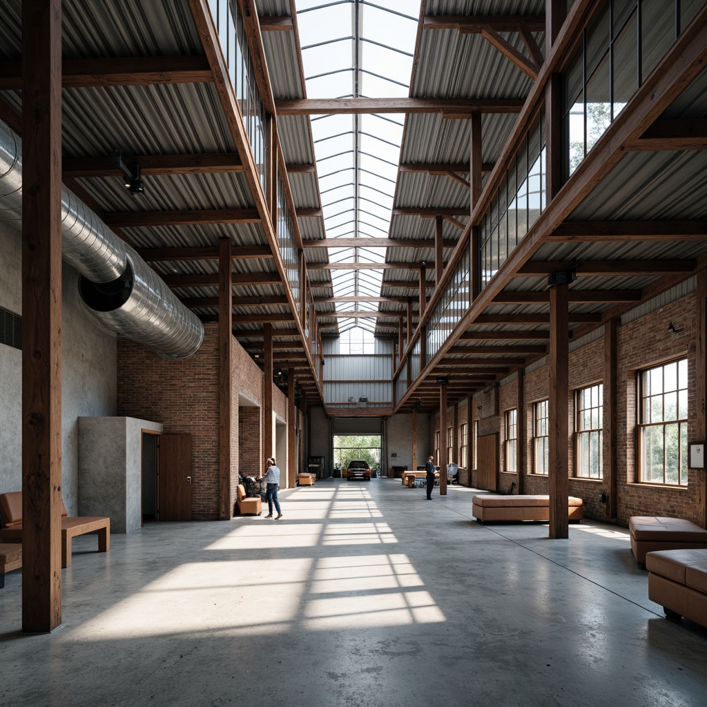 Prompt: Industrial warehouse interior, exposed ductwork, polished concrete floors, metal beams, corrugated steel roofs, reinforced brick walls, weathered wooden accents, natural ventilation systems, abundant skylights, soft diffused lighting, 3/4 composition, realistic textures, ambient occlusion.