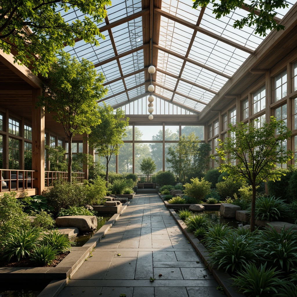 Prompt: Serene Asian-inspired greenhouse, lush greenery, exotic tropical plants, natural stone floors, wooden trellises, delicate bonsai trees, hanging paper lanterns, soft warm lighting, shallow depth of field, 3/4 composition, panoramic view, realistic textures, ambient occlusion, misty atmosphere, water features, koi ponds, Japanese maple trees, bamboo accents, minimalist decor, natural ventilation systems, eco-friendly materials.