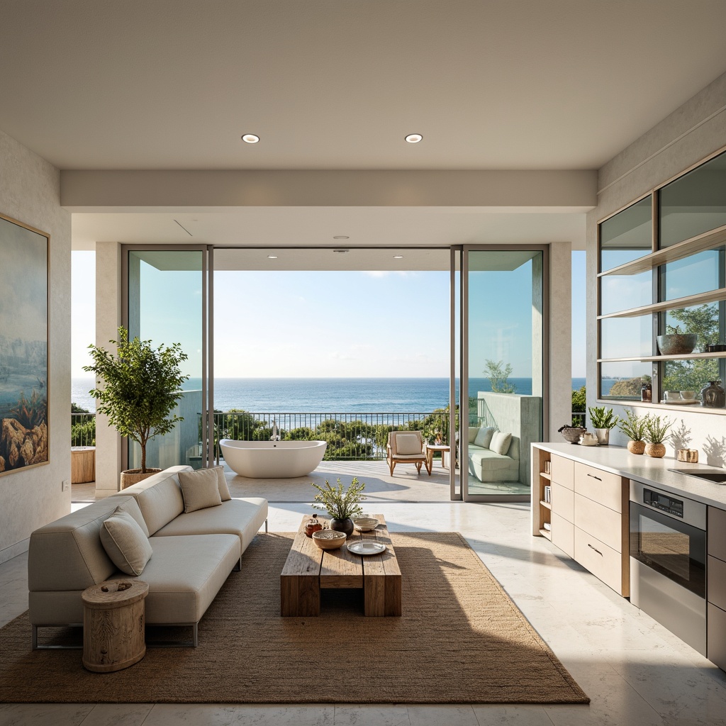 Prompt: Breathtaking ocean views, expansive open floor plan, high ceilings, floor-to-ceiling windows, sliding glass doors, beach-inspired decor, driftwood accents, natural textiles, woven fibers, calming color palette, soft blues, creamy whites, weathered wood tones, minimalist chic furniture, low-profile sofas, reclaimed wood coffee tables, nautical-themed accessories, pendant lighting, modern kitchen island, high-gloss cabinetry, stainless steel appliances, marble countertops, spacious master bedroom, plush area rug, walk-in closet, spa-inspired en-suite bathroom, freestanding tub, rainfall showerhead, ambient natural light, warm sunny day, shallow depth of field, 2/3 composition, realistic textures, soft focus effect.