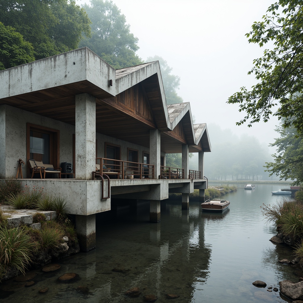 Prompt: Rugged boathouse, exposed concrete structure, raw industrial materials, weathered wood accents, rusty metal details, dramatic cantilevered roofs, angular lines, brutalist architecture, waterfront location, serene lake views, misty morning atmosphere, soft natural lighting, shallow depth of field, 1/1 composition, realistic textures, ambient occlusion.