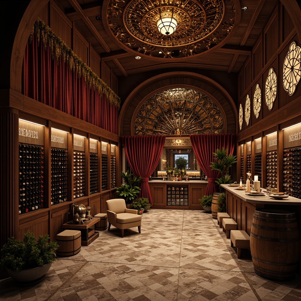 Prompt: Luxurious wine cellar, ornate metalwork, curved lines, geometric patterns, rich wood tones, polished marble floors, intricate mosaics, vintage wine barrels, dim warm lighting, soft shadows, opulent furnishings, velvet drapes, gilded accents, antique wine-making equipment, ornamental grape clusters, lavish chandeliers, 1/1 composition, intimate atmosphere, realistic reflections, detailed textures.