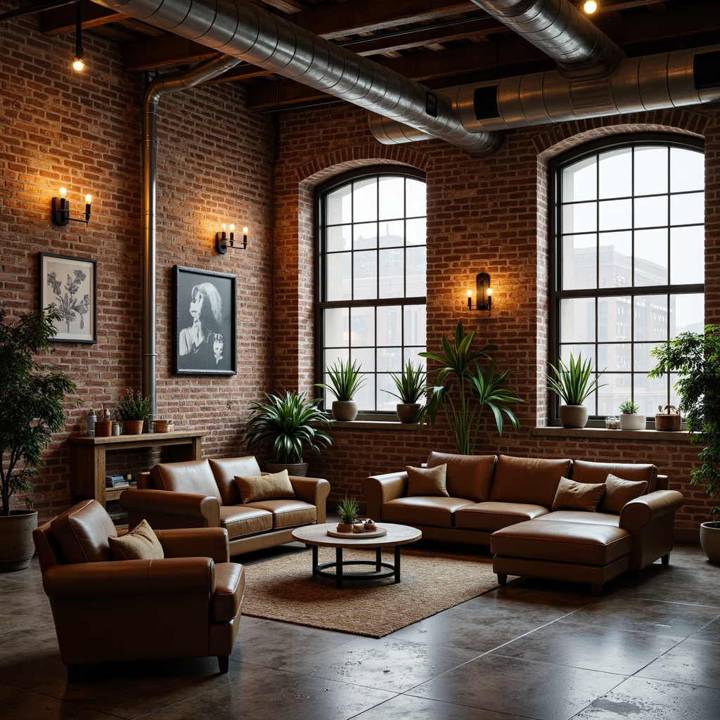 Prompt: Retro industrial chic, reclaimed wood accents, exposed brick walls, metal beam ceilings, vintage factory windows, distressed leather furniture, Edison bulb lighting, urban loft atmosphere, concrete floors, minimalist decor, functional pipes, mechanical details, 3/4 composition, shallow depth of field, warm natural light, soft focus, nostalgic color palette.