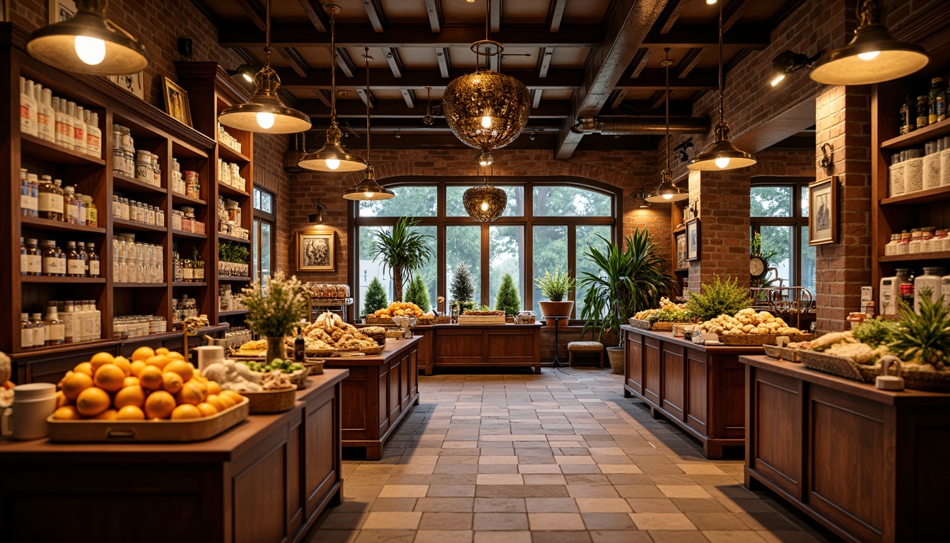 Prompt: Warm and inviting traditional grocery store, ornate wooden shelves, richly colored ceramic tiles, rustic metal lanterns, soft warm lighting, cozy atmosphere, suspended pendant lights, decorative ceiling fixtures, ambient occlusion, warm color temperature, high contrast ratio, 1/1 composition, realistic textures, shallow depth of field.