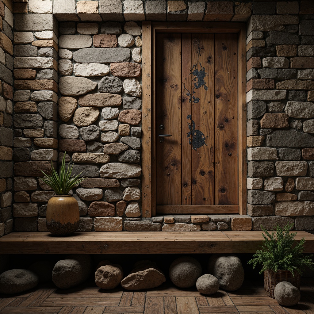 Prompt: Rustic stone walls, rough-hewn wooden planks, distressed metal accents, earthy color palette, organic forms, natural materials, tactile experiences, intricate patterns, raised textures, embossed details, weathered finishes, worn edges, industrial chic, brutalist architecture, dramatic lighting, deep shadows, atmospheric ambiance, cinematic composition, high-contrast imagery.