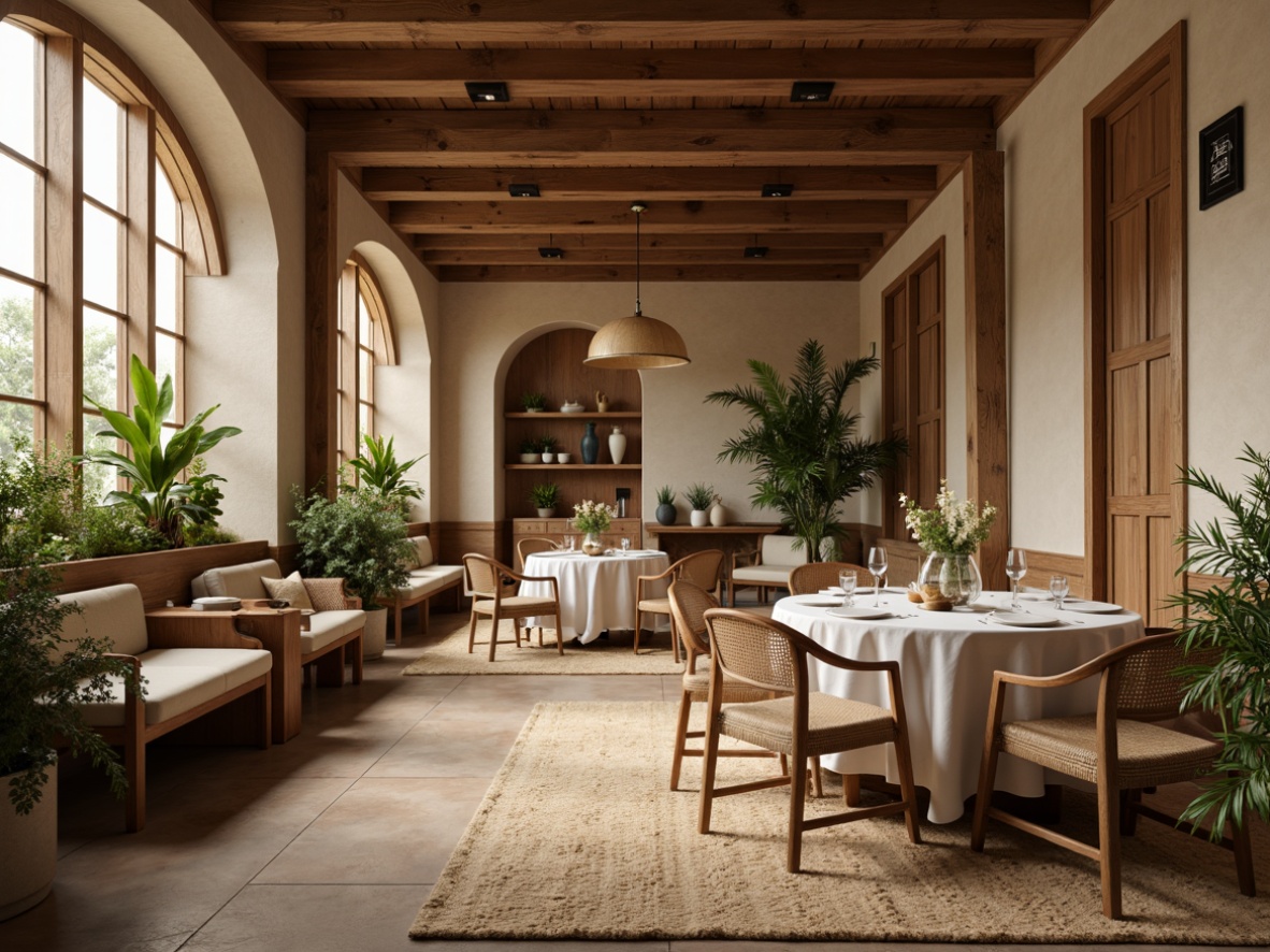 Prompt: Cozy dining area, warm earthy tones, natural wood furniture, soft beige walls, rich walnut accents, calming blue undertones, creamy whites, golden lighting, intimate setting, elegant tableware, fresh greenery, lush plants, woven textiles, organic shapes, soothing color harmony, 1/2 composition, warm atmospheric lighting, shallow depth of field, realistic textures.