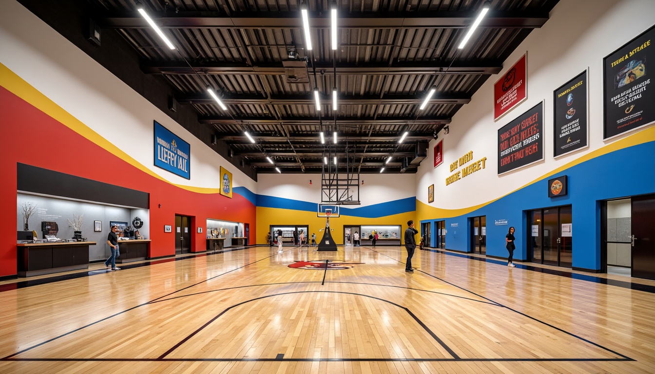 Prompt: Vibrant gymnasium interior, polished maple wood flooring, accent walls with bold color schemes, textured concrete surfaces, sleek metal beams, modern LED lighting, motivational quotes, athletic equipment displays, trophy showcases, mirrored walls, sound-absorbing acoustic panels, rubberized flooring, basketball court markings, high-gloss epoxy coatings, dynamic angular lines, 3-point perspective composition, shallow depth of field, realistic reflections.