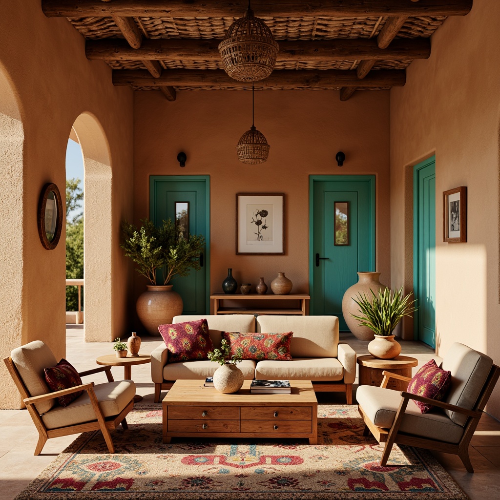 Prompt: Earth-toned adobe walls, rustic wooden beams, vibrant turquoise accents, plush southwestern patterned rugs, comfortable woven leather furniture, natural fiber textiles, colorful ceramic vases, handmade native american-inspired pottery, geometric patterned throw pillows, warm golden lighting, soft ambient shadows, shallow depth of field, 1/2 composition, realistic textures, ambient occlusion.