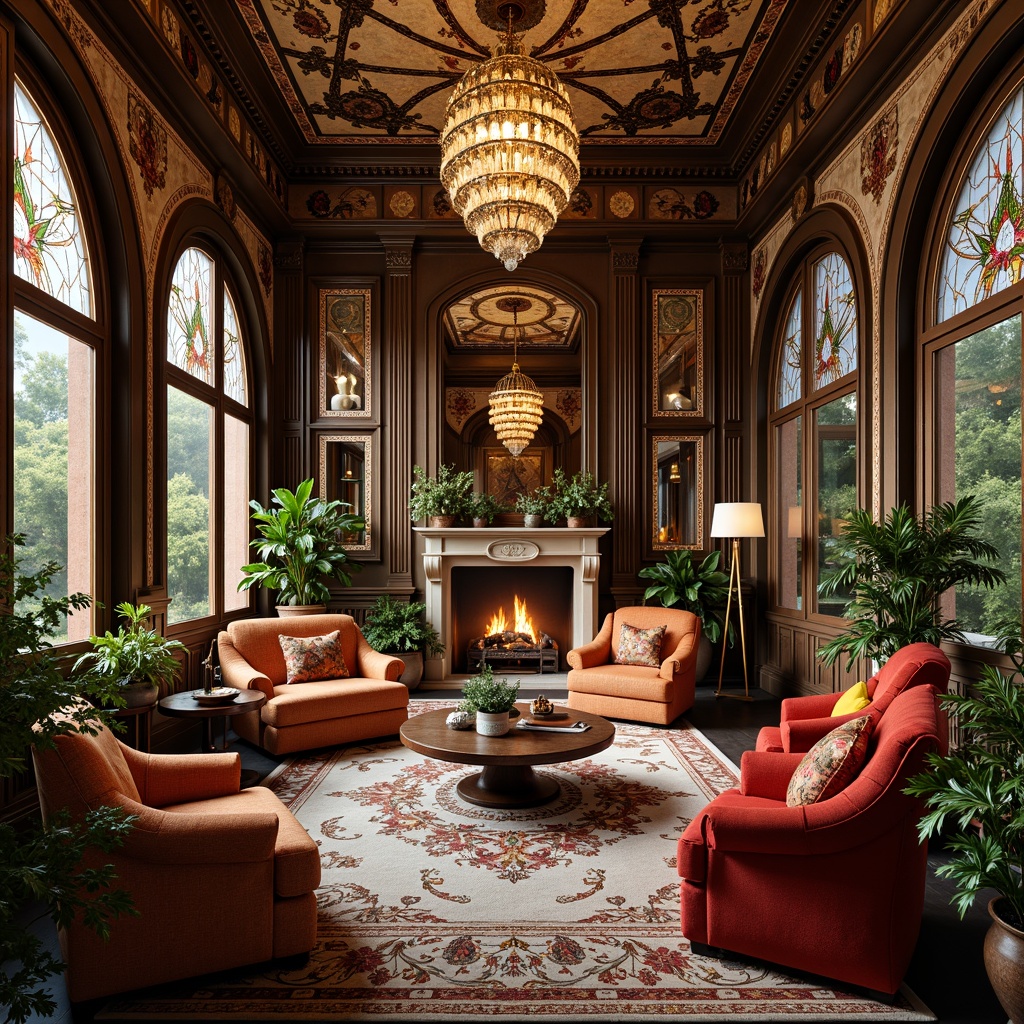 Prompt: Luxurious family room, ornate Art Nouveau details, sinuous lines, flowing curves, organic forms, vibrant florals, botanical patterns, stained glass windows, intricate wooden paneling, velvet upholstery, ornamental mirrors, gilded frames, soft warm lighting, dramatic ceiling heights, grandiose chandeliers, lavish textiles, rich jewel tones, 3/4 composition, shallow depth of field, realistic textures, ambient occlusion.