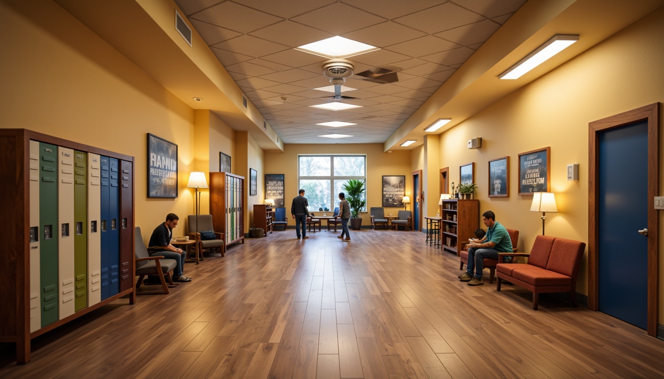 Prompt: Cozy high school hallway, warm beige walls, polished wooden floors, comfortable seating areas, vibrant lockers, inspirational quotes, soft overhead lighting, warm floor lamps, natural daylight, clerestory windows, modern LED fixtures, indirect ambient lighting, relaxed atmosphere, 1/1 composition, shallow depth of field, realistic textures.