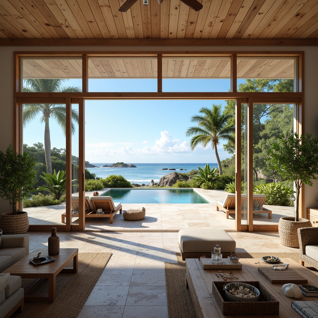 Prompt: Beachside villa, large windows, sliding glass doors, seamless indoor-outdoor transition, natural stone flooring, reclaimed wood accents, ocean-inspired color palette, driftwood furniture, woven textiles, nautical decor, potted palms, lush greenery, coastal breeze, soft warm lighting, shallow depth of field, 1/1 composition, panoramic view, realistic textures, ambient occlusion.