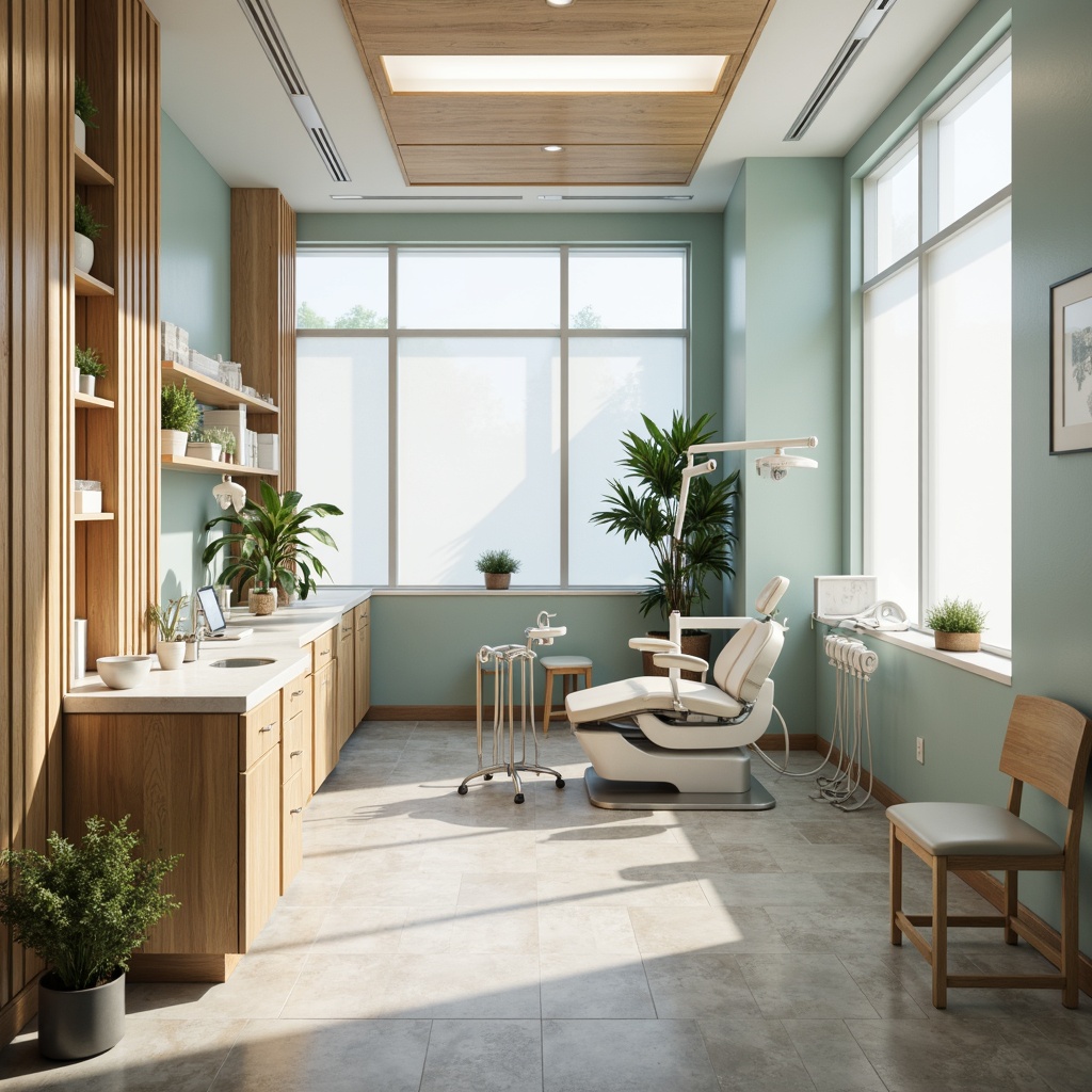 Prompt: Calming dental clinic, soft pastel colors, gentle whites, creamy beiges, soothing blues, muted greens, warm wood accents, modern minimalism, sleek chrome fixtures, natural stone floors, large windows, abundant natural light, softbox lighting, shallow depth of field, 2/3 composition, realistic textures, ambient occlusion.