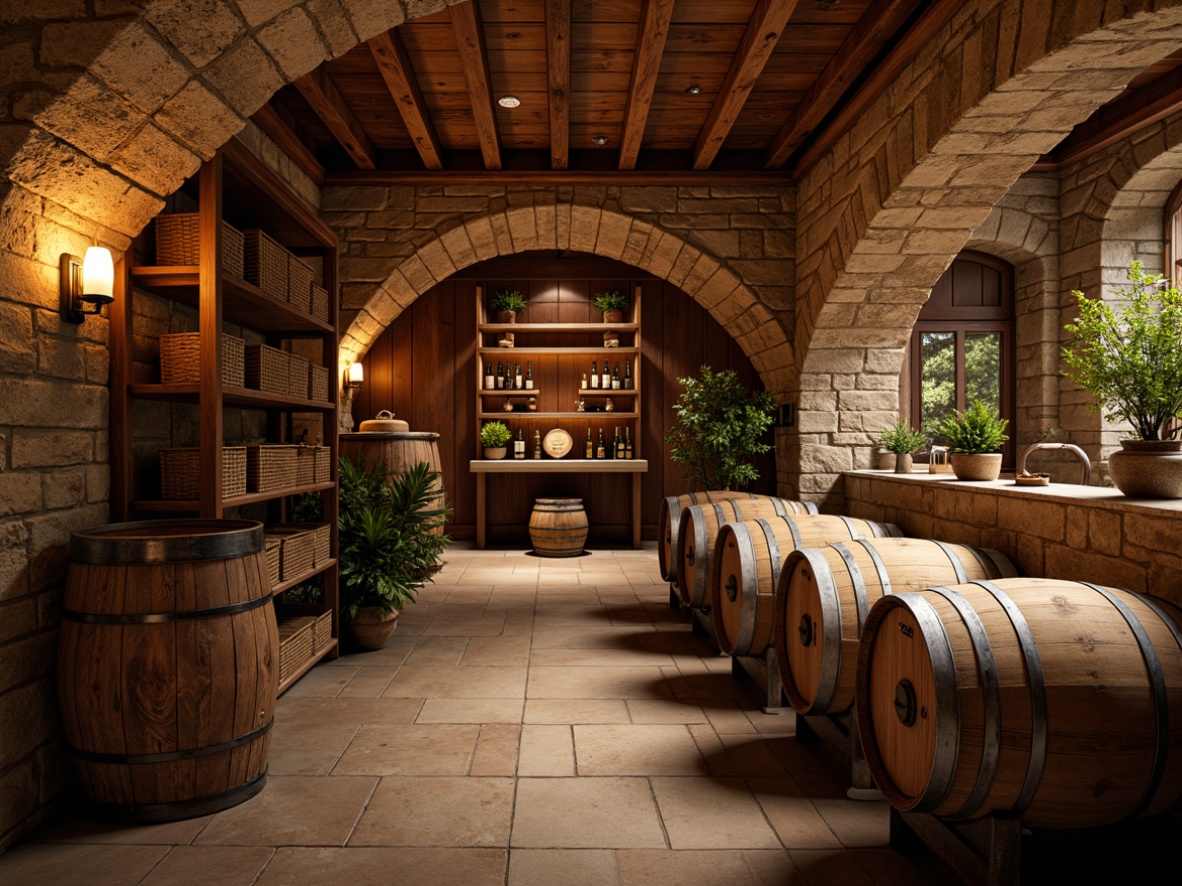 Prompt: Rustic wine cellar, earthy stone walls, wooden barrel storage, dim warm lighting, rich wood tones, natural brick arches, vintage metal accents, leather-bound wine crates, woven wicker baskets, distressed wood shelves, ornate metalwork, soft golden glow, shallow depth of field, 1/1 composition, realistic textures, ambient occlusion.