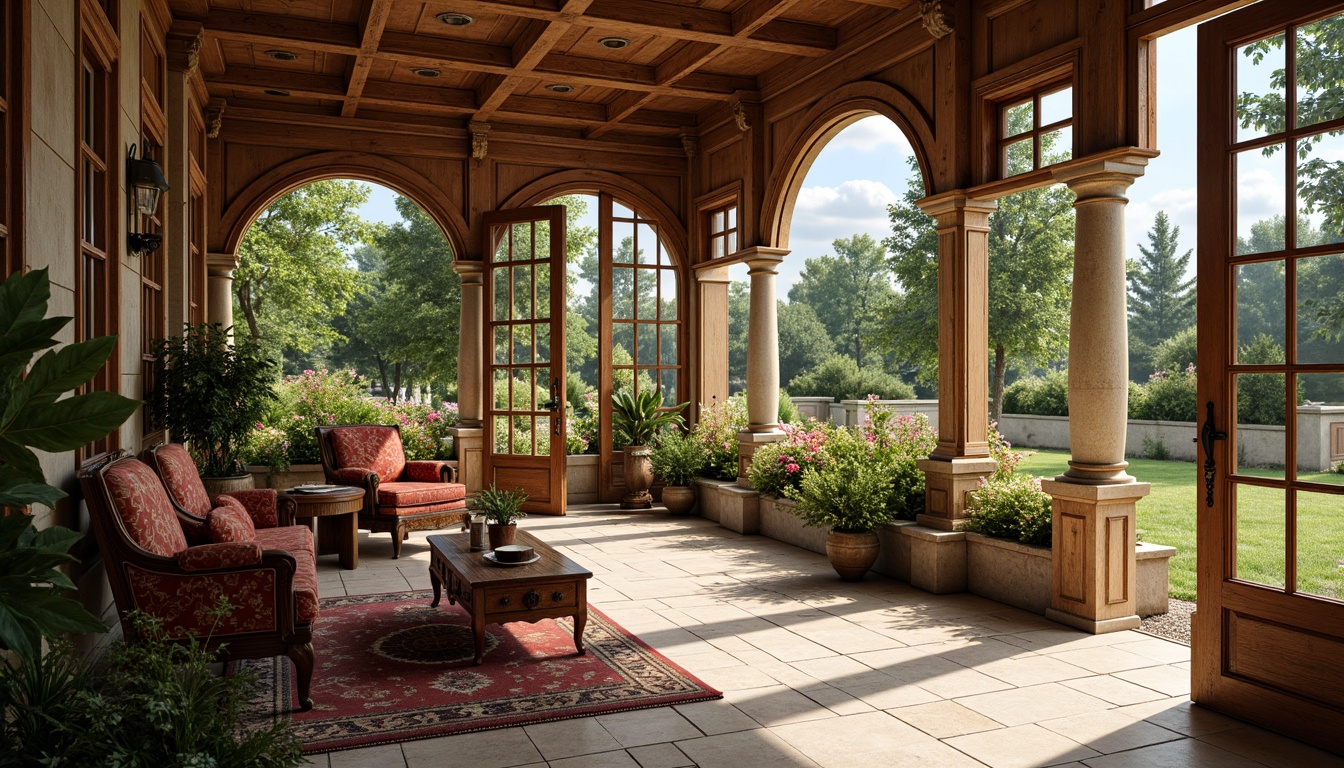 Prompt: Renaissance-style sunroom, ornate wooden furniture, carved armchairs, velvet upholstery, golden accents, intricate patterns, floral motifs, natural stone flooring, large windows, stained glass doors, lush greenery, blooming flowers, warm sunny day, soft diffused lighting, shallow depth of field, 1/1 composition, panoramic view, realistic textures, ambient occlusion.