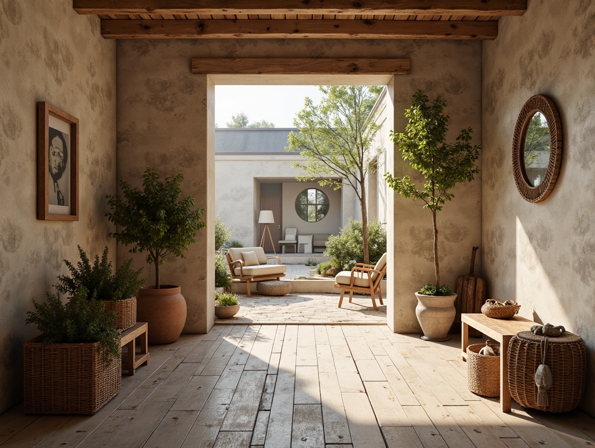 Prompt: Rustic entryway, reclaimed wood flooring, distressed finishes, natural textures, earthy tones, warm beige hues, farmhouse charm, vintage decor, antique furnishings, woven baskets, potted greenery, soft warm lighting, shallow depth of field, 1/2 composition, realistic wood grain, ambient occlusion.